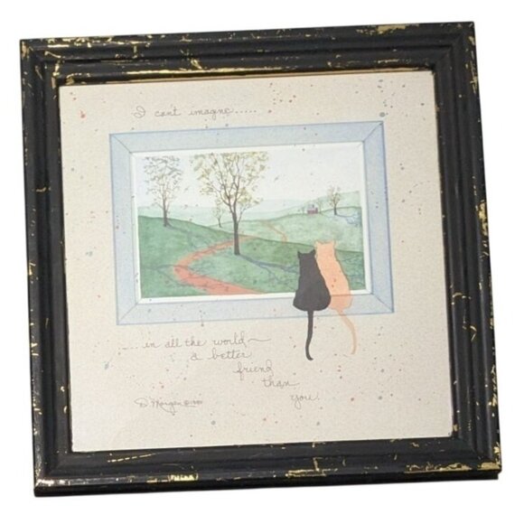 D Morgan Other - D Morgan 1990 Cat Friends Lithograph Distressed Black Frame Wall Art print